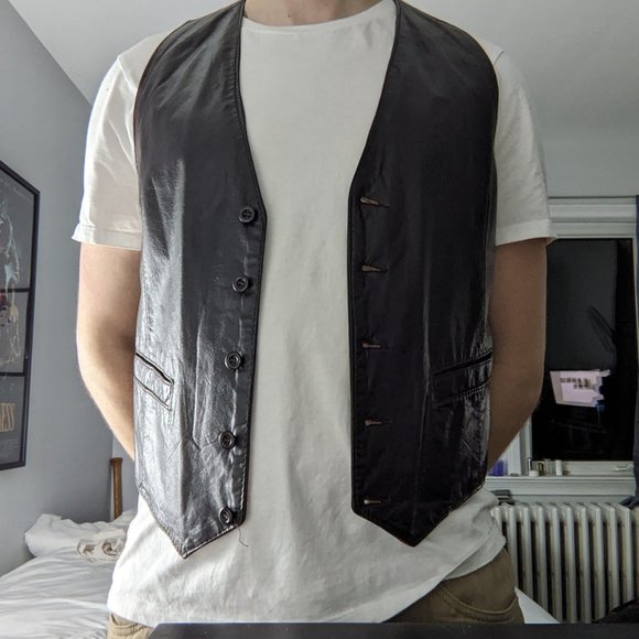 VTG Leather Vest Brown button up pockets Leather Attic Sz S EU 40 lined Unisex - Picture 2 of 8